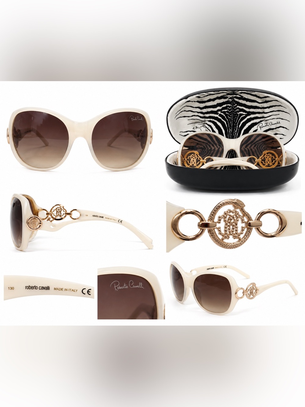 Roberto Cavalli Cream Sunglasses with Brown Gradient Lenses and Gold Medallion